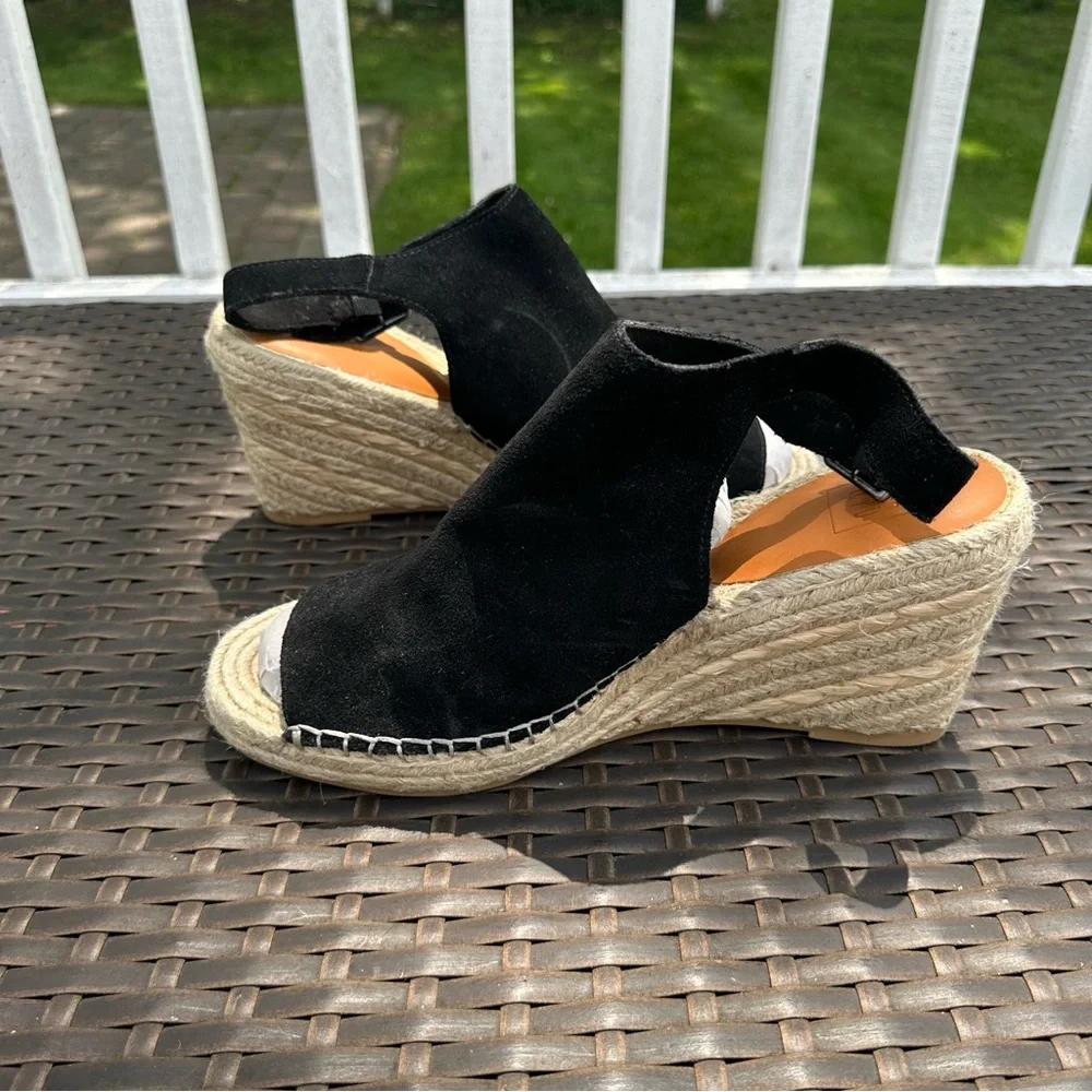 New GAP Black Suede Leather Espadrille Raffia Wedge Sandals, Size 11, Open Toe
